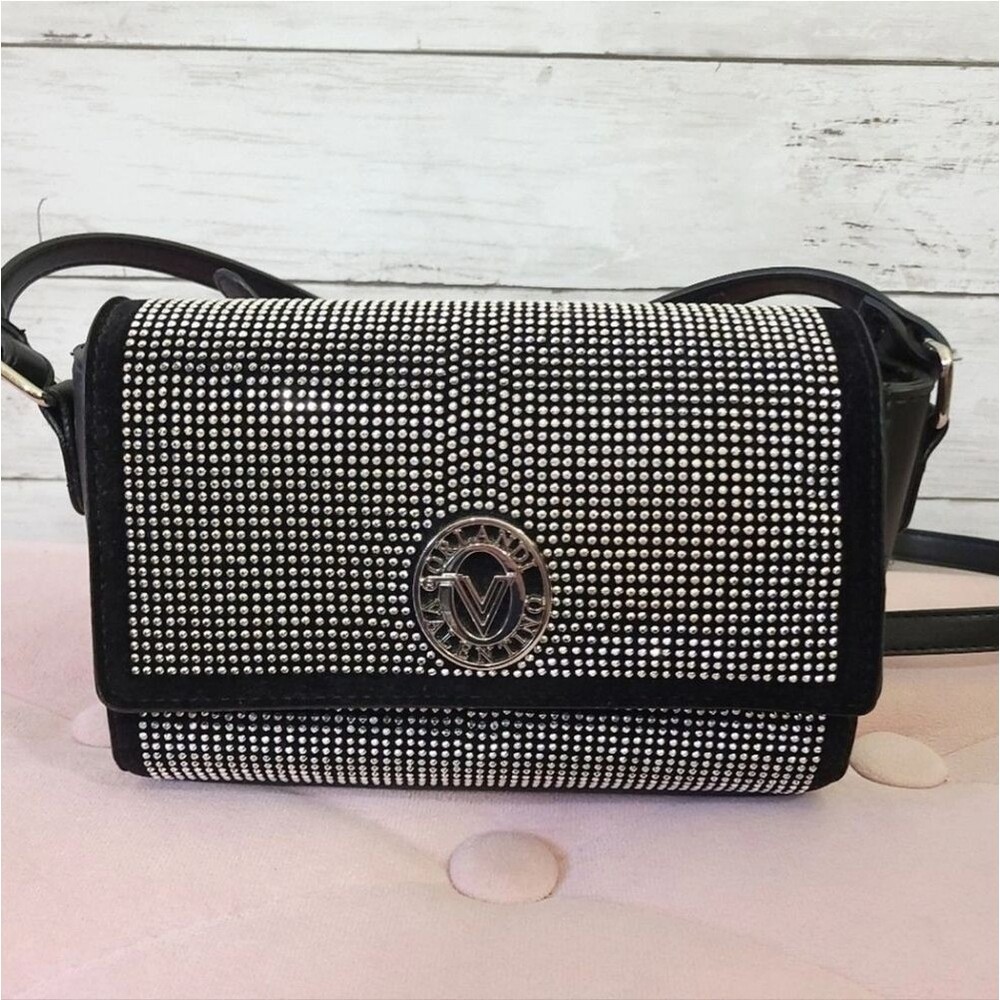 Valentino Orlandi Silver Studded Black Crossbody Bag Foldover Handbag Italy Luxe